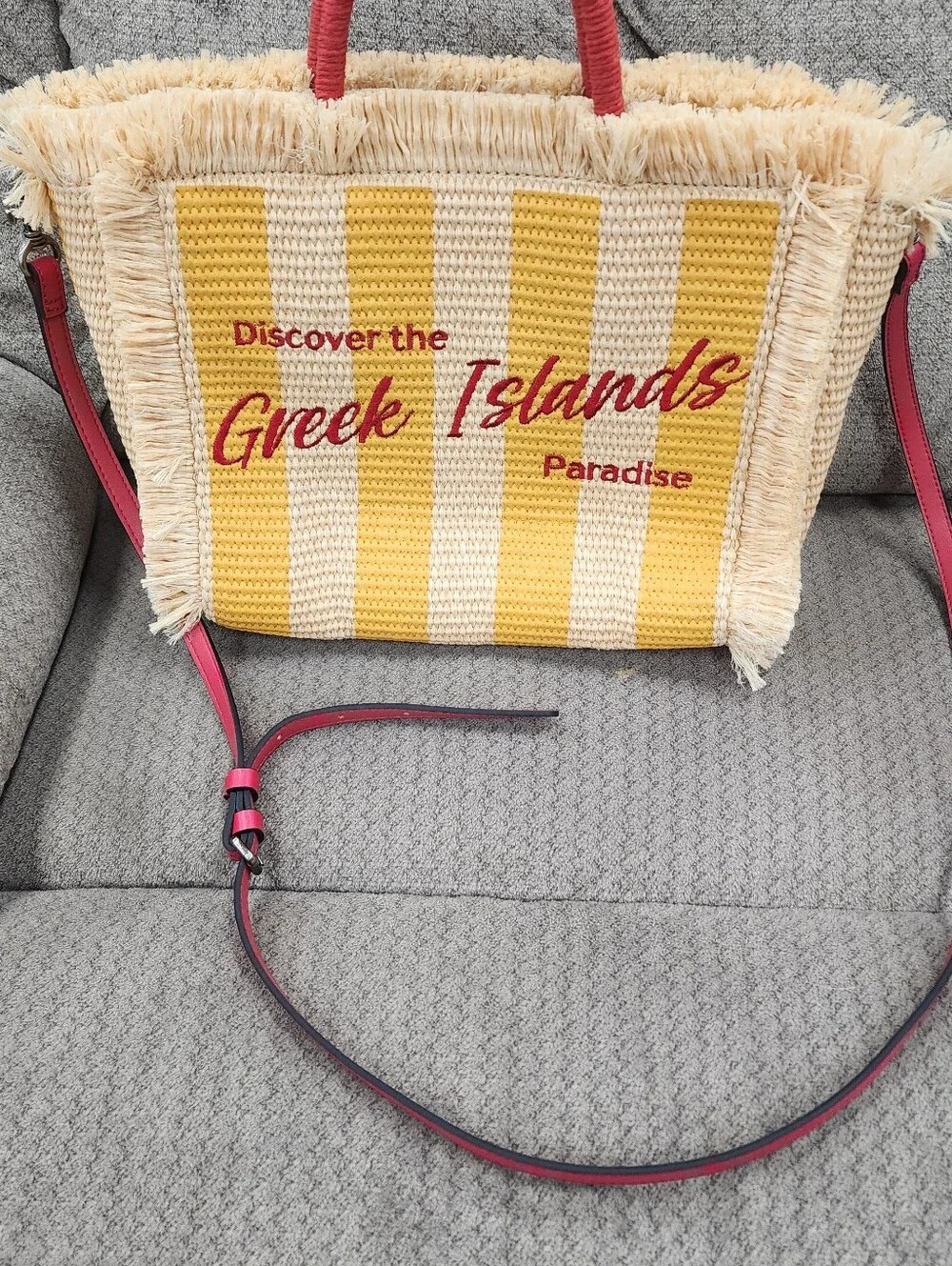 Greek Islands Straw Tote Bag with Yellow Stripes and Pink Accents - Picture 2 of 6